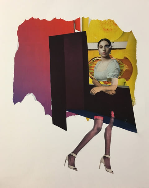 Mixed-media collage: woman with displaced eye and crossed arms, pink-stockinged legs in heels; red, yellow, maroon torn paper