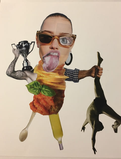 Surreal collage: sunglassed woman’s head with tongue out on a body of spaghetti, tomato sauce, basil; trophy, spoon, dog