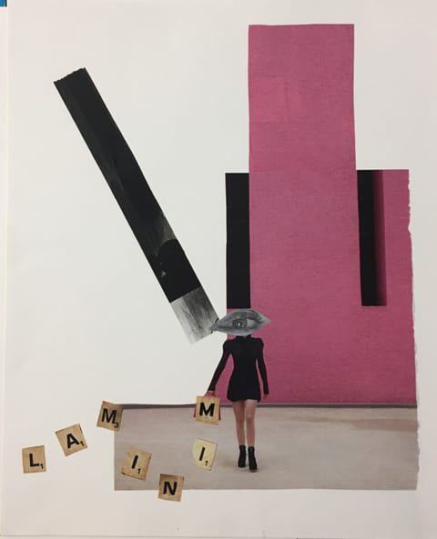 Collage of woman in black dress with an eye over her face, pink wall, black diagonal wedge, scattered Scrabble tiles