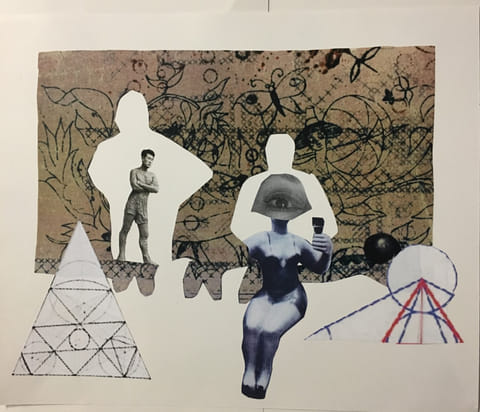 Mixed-media collage: cutout figures, a large eye face, blue female torso, ink-doodled tan background, geometric triangles in black, red, blue