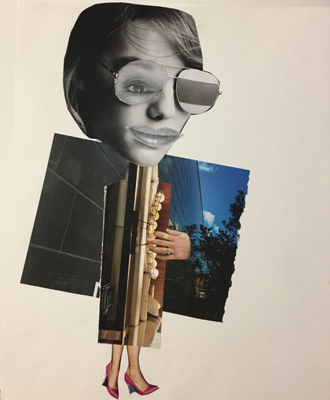 Collage figure: black-and-white woman’s face in aviator sunglasses atop a body of building, sky, and pink-heel cutouts