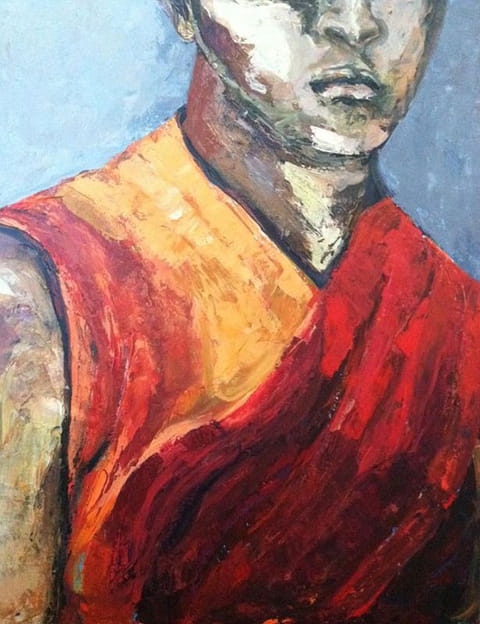 Loose oil portrait of a Buddhist monk in red and saffron robes against a blue-gray background, face partly cropped