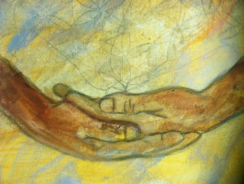 Two ochre-brown hands reaching toward each other over a yellow and blue washed canvas with faint pencil geometry lines