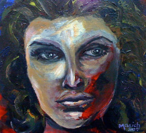 Oil-painted close-up portrait of a woman’s face, pale greenish skin with red shadow, dark curly hair, blue-purple background