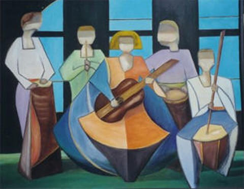 Cubist oil painting of five faceless musicians with guitar, flute and drums in blue, orange, green, purple and brown