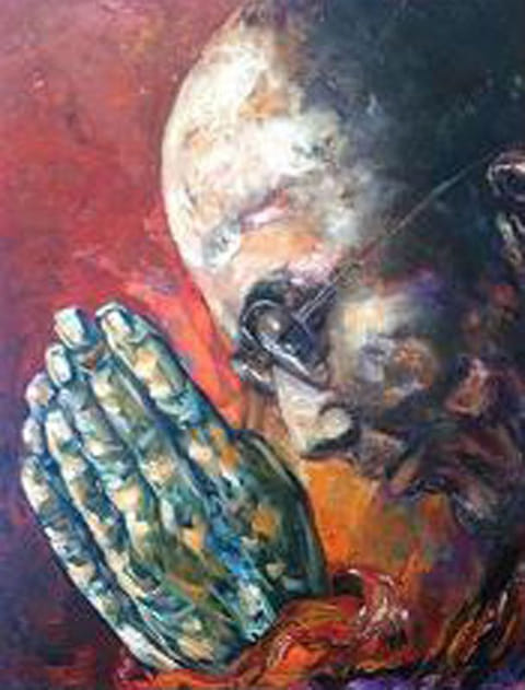 Oil painting of a bald man with clasped praying hands, warm red-orange background, teal and cream flesh tones