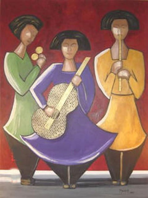 Three stylized rounded female musicians in green, purple, and yellow playing string and wind instruments against a deep red background