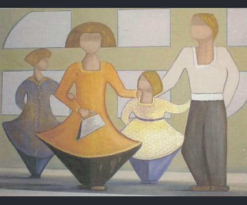 Four faceless stylized figures as a family; woman in a marigold bell-shaped dress holds a trowel by an olive-green wall
