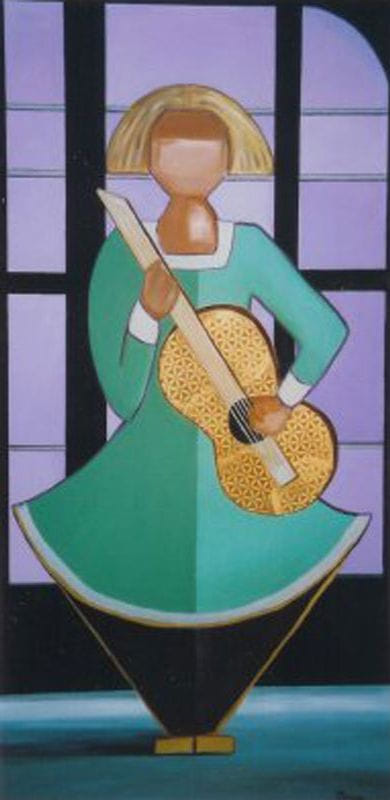 Stylized faceless blond figure in a teal dress plays a golden guitar with geometric flower patterns, against purple windows