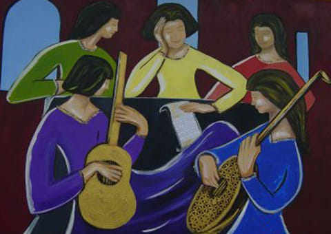Five stylized women musicians playing guitar and bowed lute against deep maroon background; purple, blue, yellow, green painting