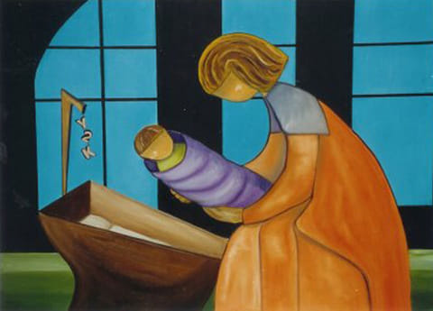 Blonde woman in an orange robe lowers a purple-swaddled baby into a wooden cradle before a blue window