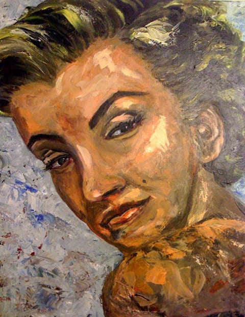 Oil portrait of a woman’s tilted face and bare shoulder, warm ochre skin, olive-green hair, pale blue-gray background