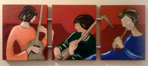 Triptych of three painted relief panels of figures playing stringed instruments and flutes, in coral, green, blue against red