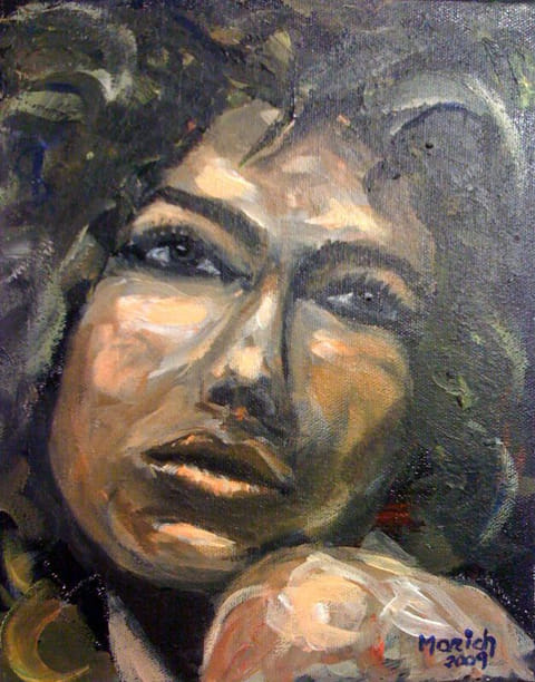 Expressive oil portrait of a woman gazing upward, warm peach skin, silvery curls, dark background, chin resting on hand