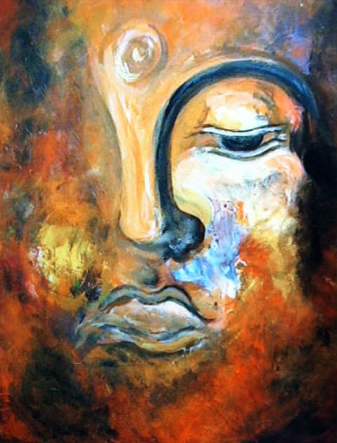 Close-up painted Buddha face with lowered eye, warm rust, orange, and gold tones and dark blue-black hair