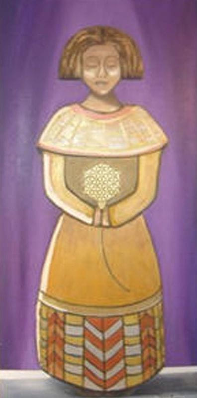 Stylized painted figure with bob haircut and closed eyes holds a circular geometric medallion; mustard dress, chevron skirt, purple background