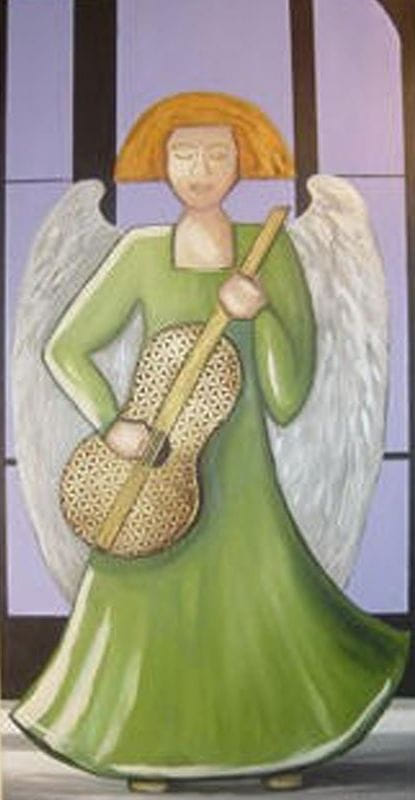 A green-robed angel with white wings and orange hair plays a golden cello patterned with geometric flowers, against lavender