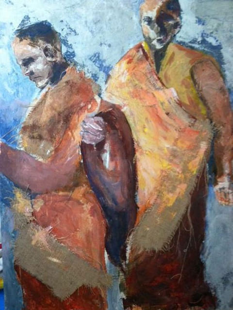 Two standing robed figures in saffron and ochre against a blue background, textured mixed-media painting with burlap collage patches