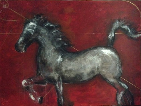 Prancing horse painted in charcoal grays, black, and white against a deep red background with faint gold geometric lines