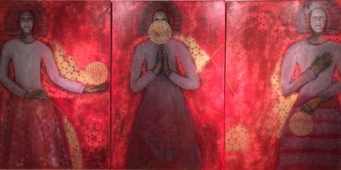 Red triptych of three robed women with golden geometric medallions at the face and hands, one held like a sphere