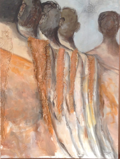 Backs of four figures with cropped heads in draped robes, real frayed burlap strips, ochre, burnt orange, tan, gray tones