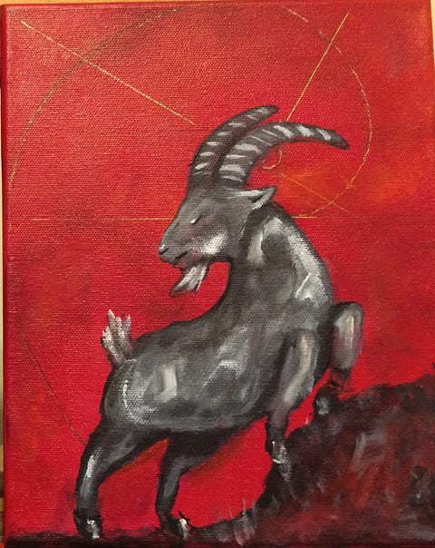 Painted gray goat rearing on a dark rocky mound against a deep red background with thin gold geometric arcs