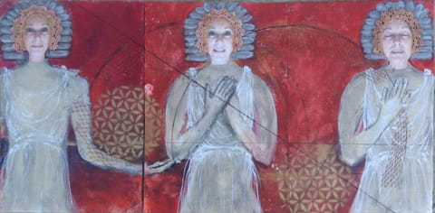 Three cream-robed women with silver feathered halos against deep red backgrounds bearing golden geometric patterns, mixed-media triptych